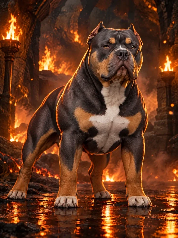 A muscular dog with a chains necklace standing confidently against a cloudy sky background.