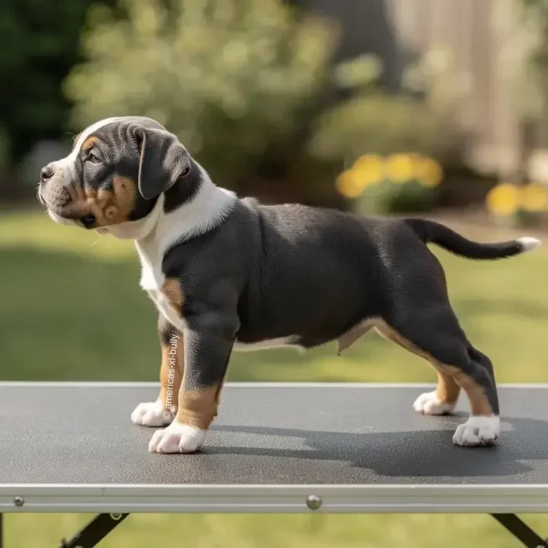 Cute tricolor puppy with floppy ears and white paws standing on a table outdoors with blurred greenery background.