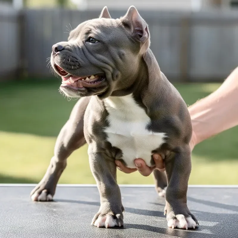 A young puppy with a muscular build and a gray coat, sitting on a table outdoors with a green lawn in the background.