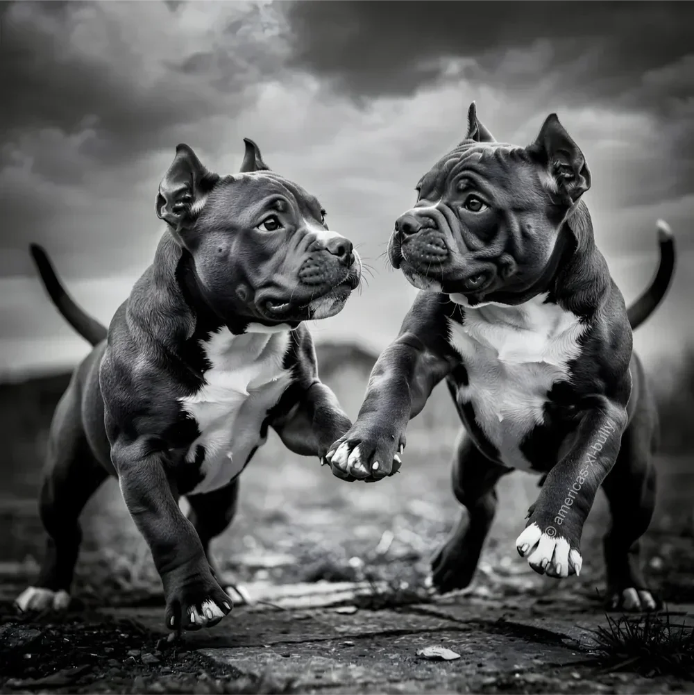 Two Boston Terrier puppies holding paws and playing outdoors on a dark, cloudy day.