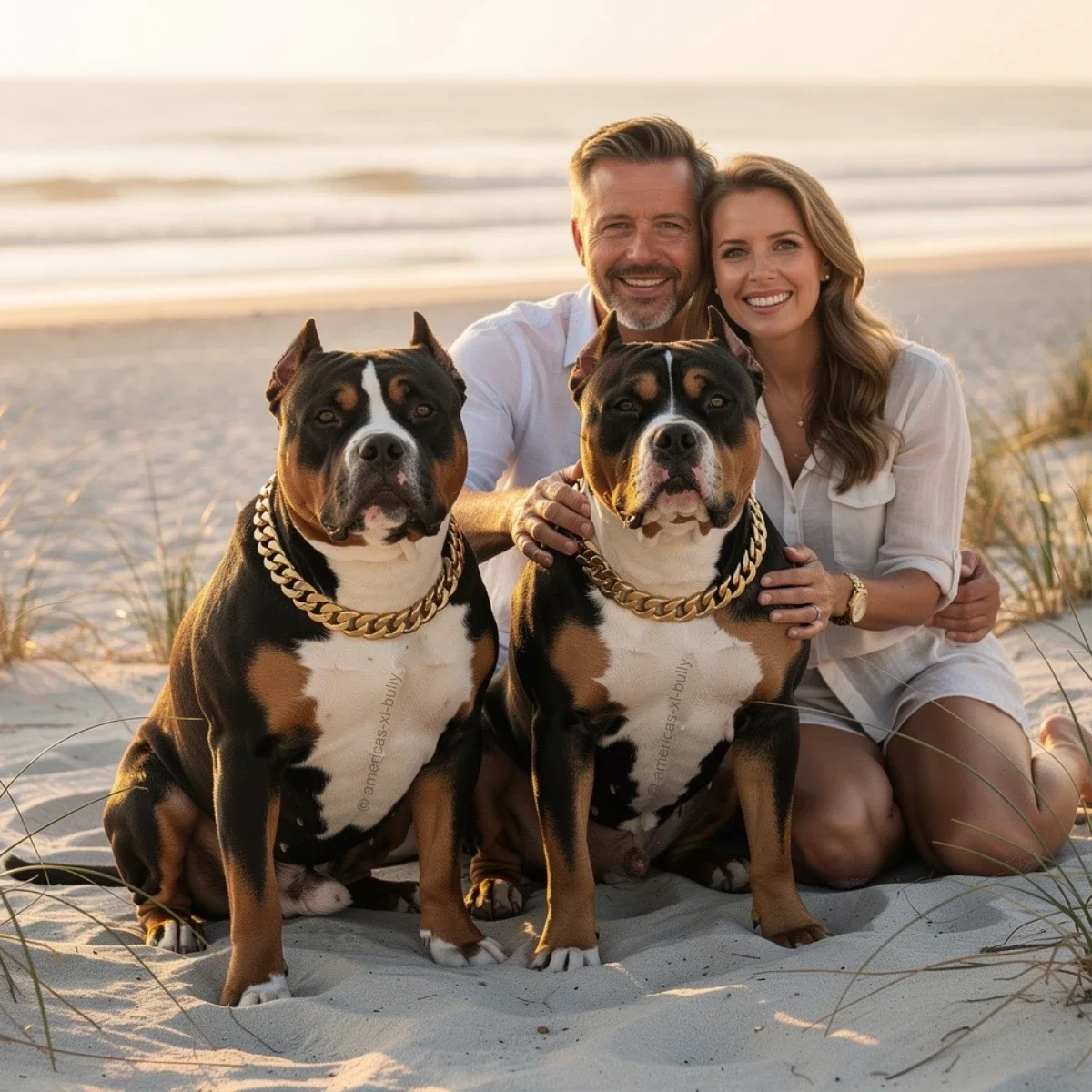 A smiling couple sitting on the beach at sunset with two large dogs of the same breed, all facing the camera.