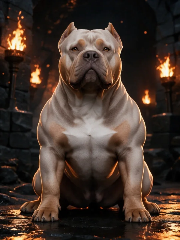 Front view of a muscular American Bully dog with a gold chain collar, standing on a paved surface outdoors, in black and white.