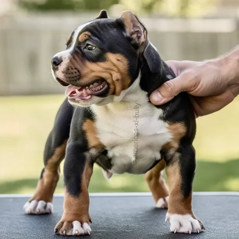 A cute puppy with black, brown, and white fur being held on a table outdoors.