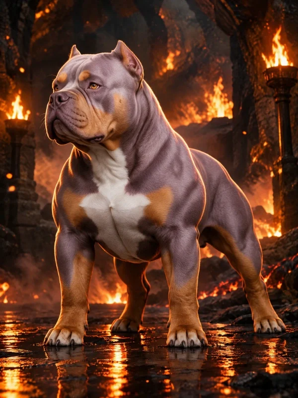Front view of a muscular American Bully dog with a gold chain collar, standing on a paved surface outdoors, in black and white.