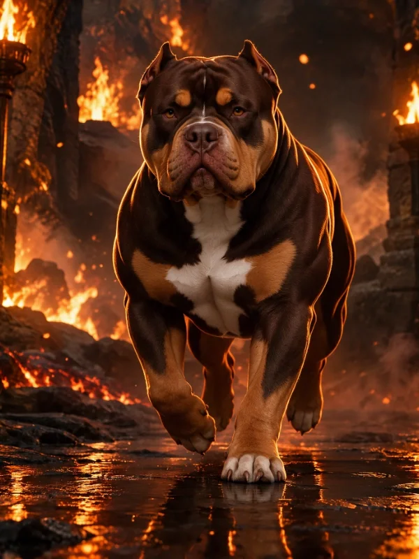 A muscular American Bully dog wearing a large gold chain collar, standing confidently against a stormy sky background.