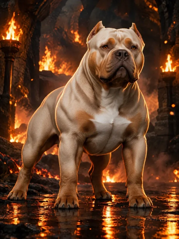 A muscular American Bulldog wearing a thick gold chain around its neck, standing outdoors against a cloudy sky.