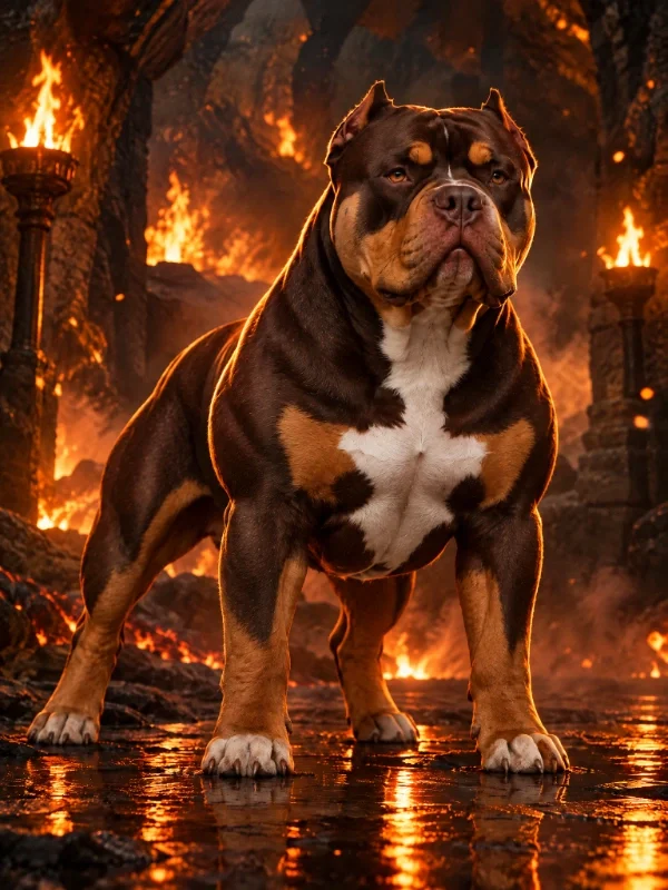 A muscular pit bull sitting outdoors with cloudy sky background, wearing a gold chain collar.