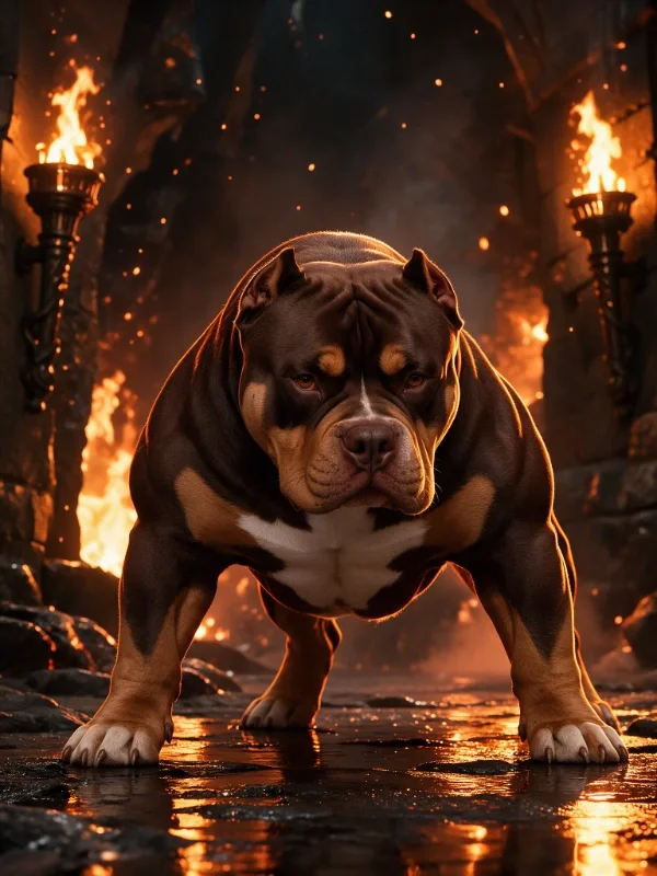 A muscular American Bully dog standing outdoors on a paved surface under a cloudy sky, with the words "PHOTO HOLDER" vertically on the left side.