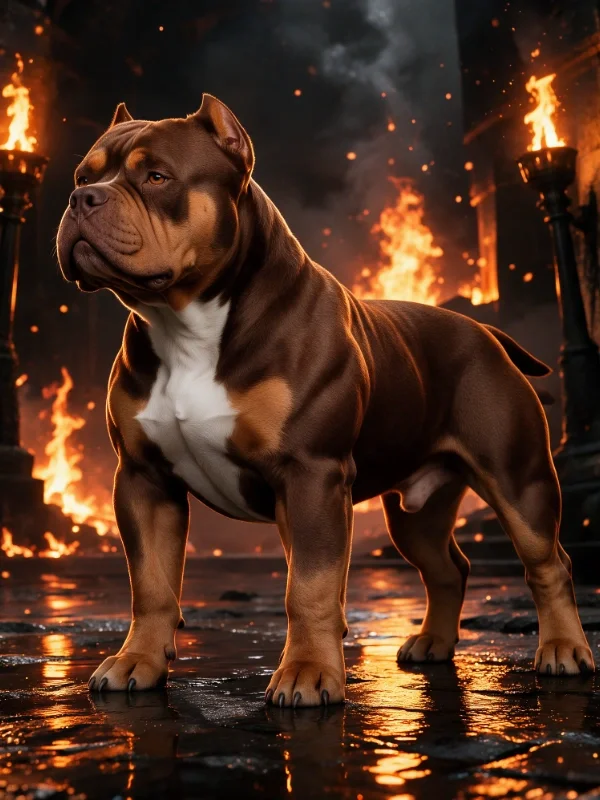 A muscular, gray pitbull dog wearing a gold chain collar, standing outdoors against a cloudy sky background.