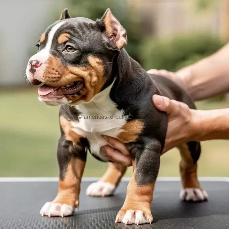 A cute, small puppy in a black, brown, and white coat being held by a person's hands outdoors.