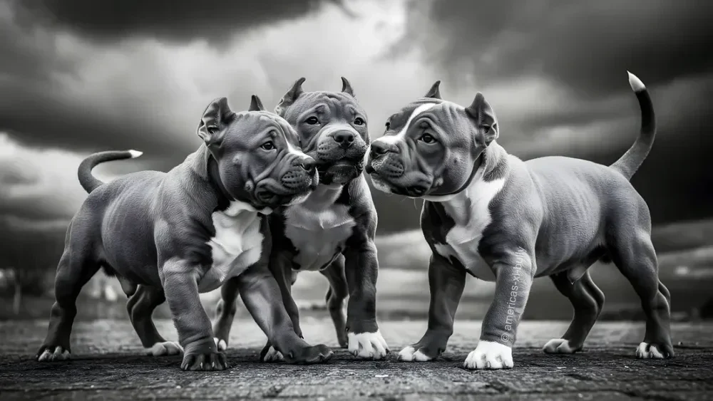 Three adorable American Staffordshire puppies standing close together outdoors under a cloudy sky.