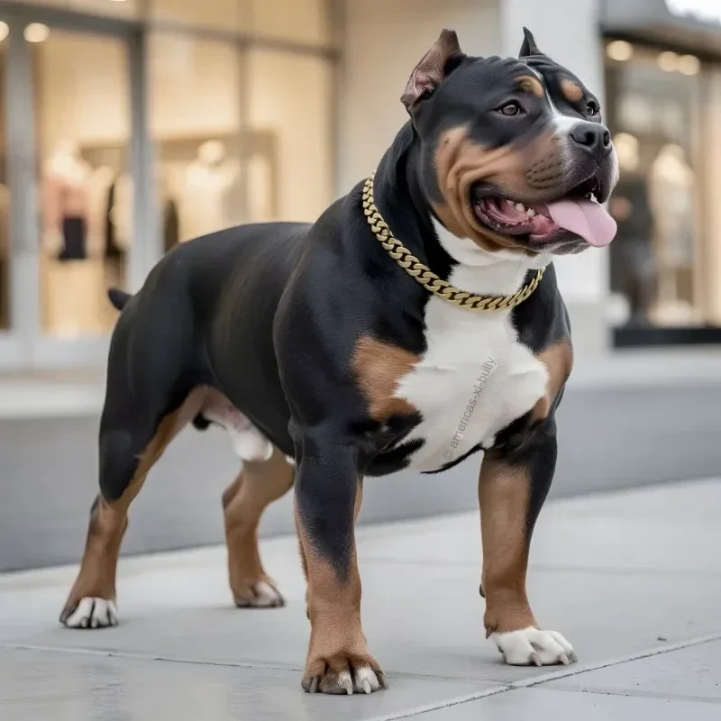 A muscular, black and tan American Bully dog with a gold chain collar standing on a sidewalk outside a building with large glass windows.