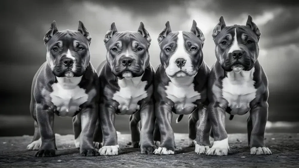 Four American Bully puppies standing in a row on a wooden surface with a cloudy sky in the background. The image is in black and white.