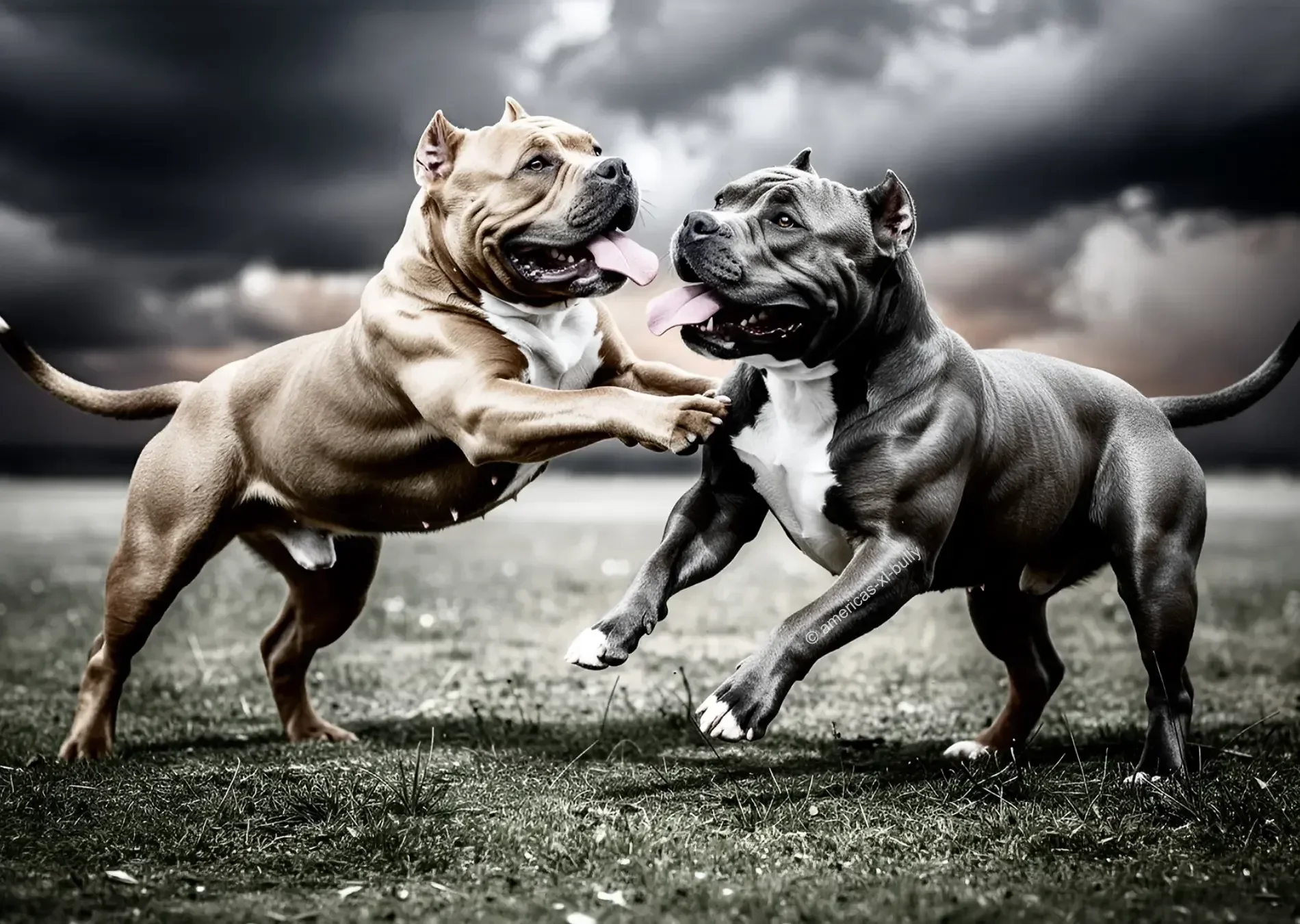 Two muscular pitbull dogs playing together outdoors on grass, under a cloudy sky.