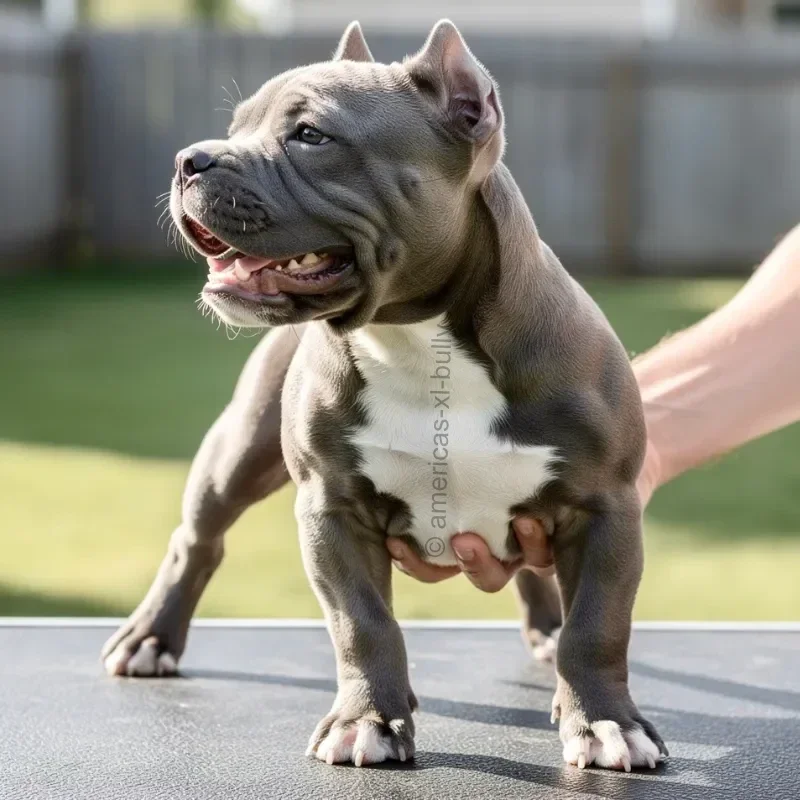 A young gray and white American Bully puppy standing outdoors on a table, with a person's hand supporting its chest.