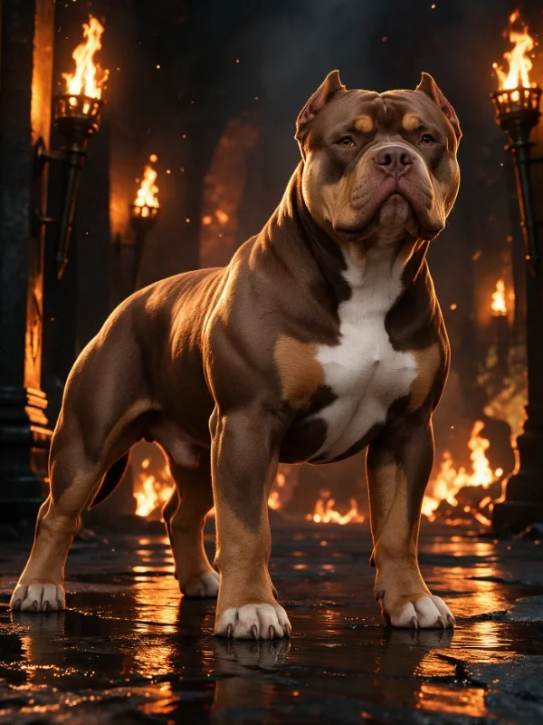 A muscular dog with a chains necklace standing confidently against a cloudy sky background.