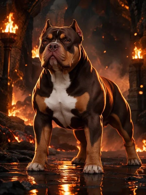 A muscular American Bully dog with a chain collar standing outdoors against a cloudy sky, with the text 'PHOTO HOLDER' along the left side.