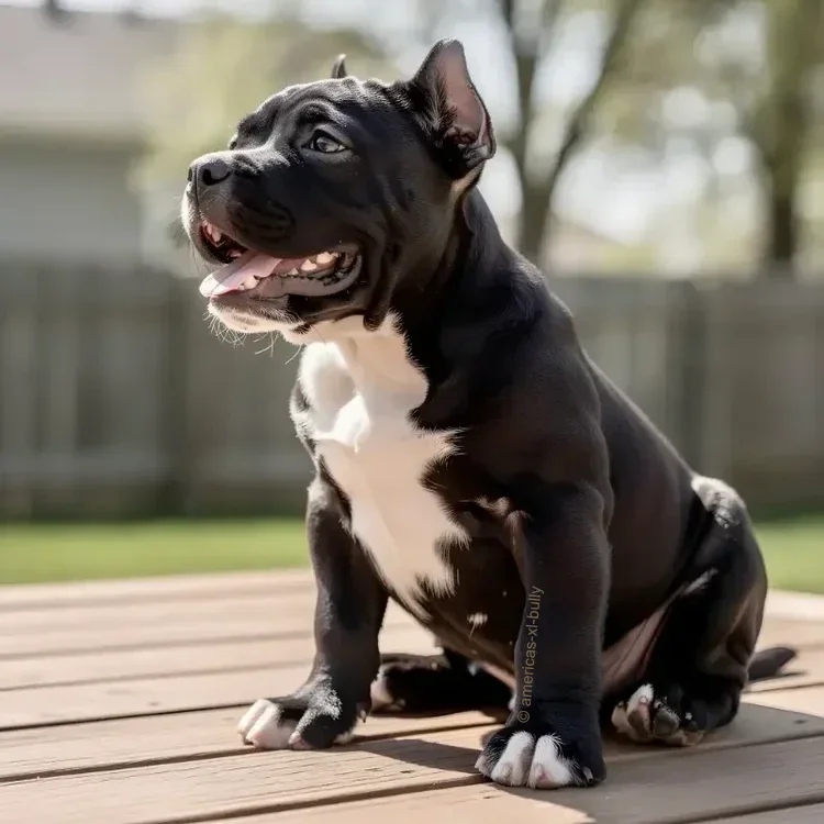 Black and white pitbull puppy sitting outdoors on a wooden deck with a blurred fence and trees in the background.