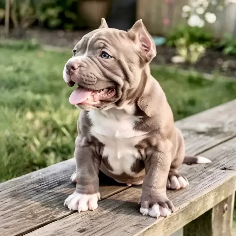 Cute puppy with wrinkled skin and blue eyes sitting on a wooden surface outdoors.