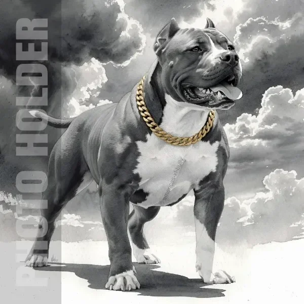 A muscular American Bulldog wearing a thick gold chain around its neck, standing outdoors against a cloudy sky.