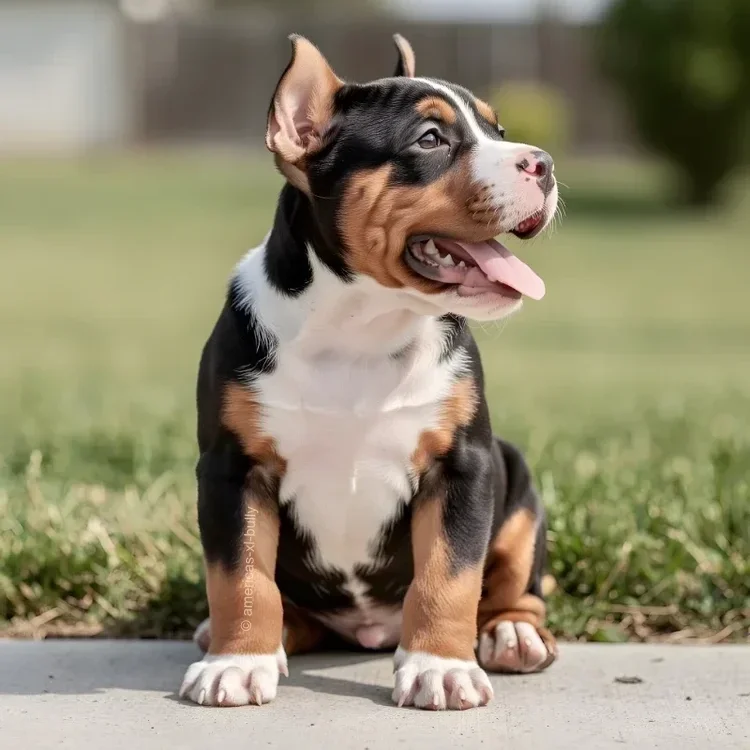 Cute tricolor puppy sitting outdoors on a sidewalk with grass in the background, tongue out, ears partially upright.