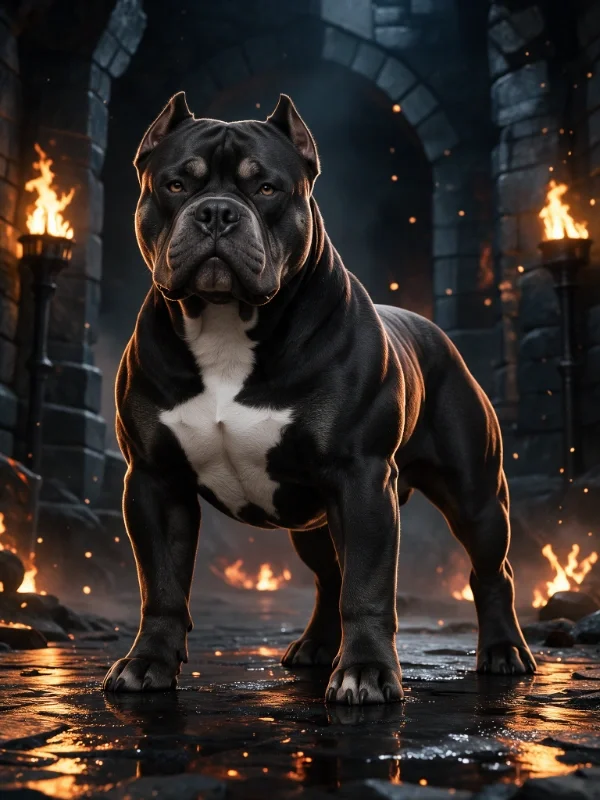 A muscular American Bulldog wearing a thick gold chain around its neck, standing outdoors against a cloudy sky.