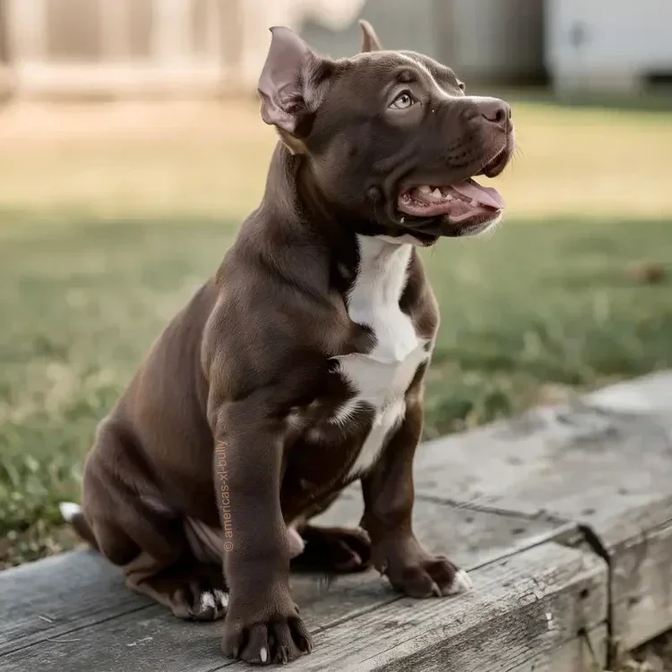 A cute brown and white puppy sitting on a wooden surface outdoors, looking up with a happy expression.