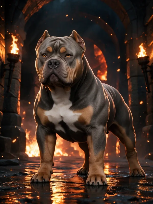 A muscular American Bully dog wearing a large gold chain collar, standing confidently against a stormy sky background.