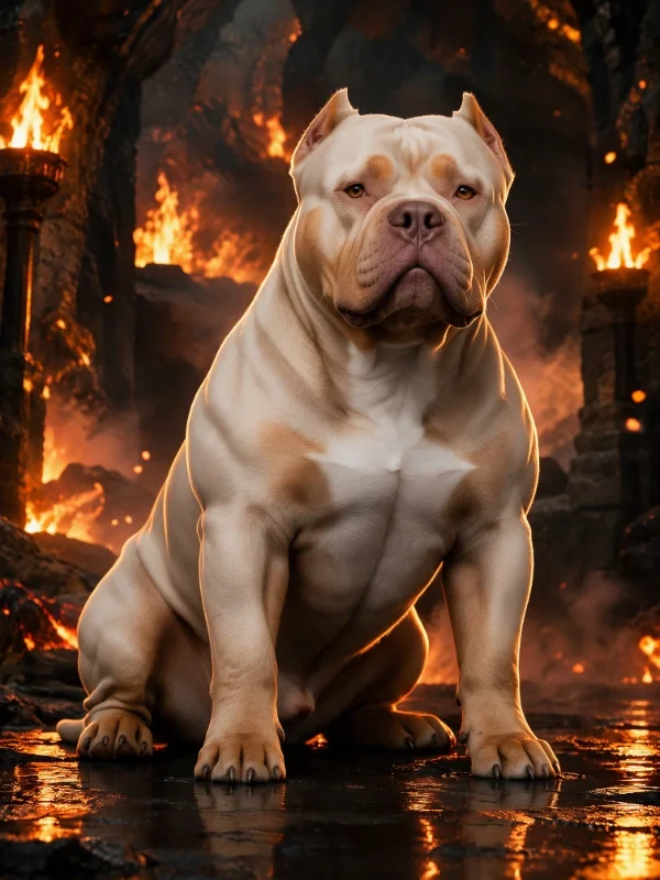 A muscular pit bull sitting outdoors with cloudy sky background, wearing a gold chain collar.