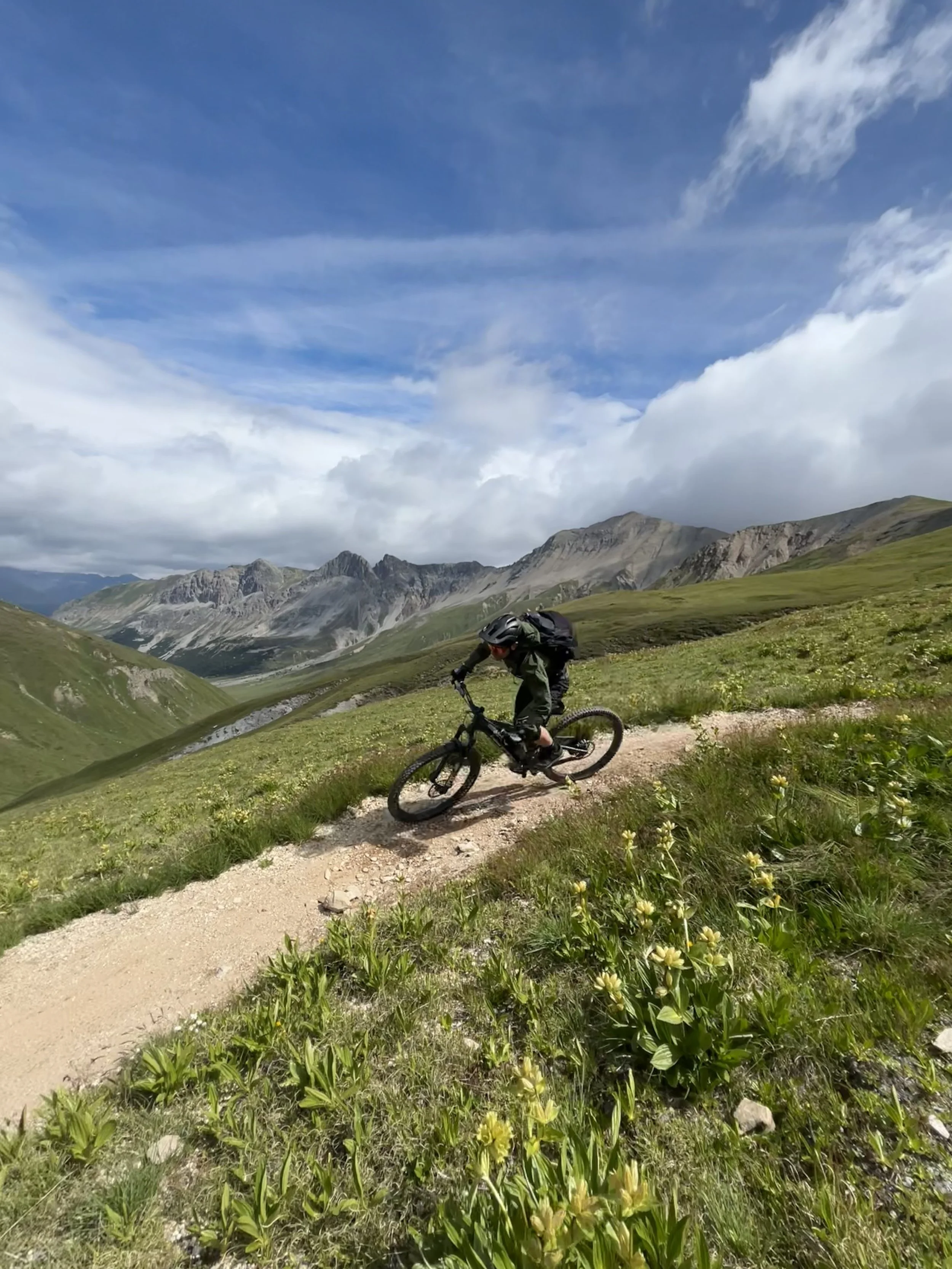 Ein Mountainbiker fährt auf einem schmalen Pfad in einer grünen Berglandschaft unter einem blauen Himmel mit Wolken.