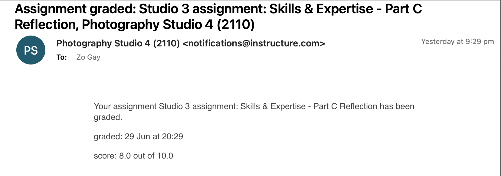 First notification of grade. Note no comment, feedback or rubric provided.