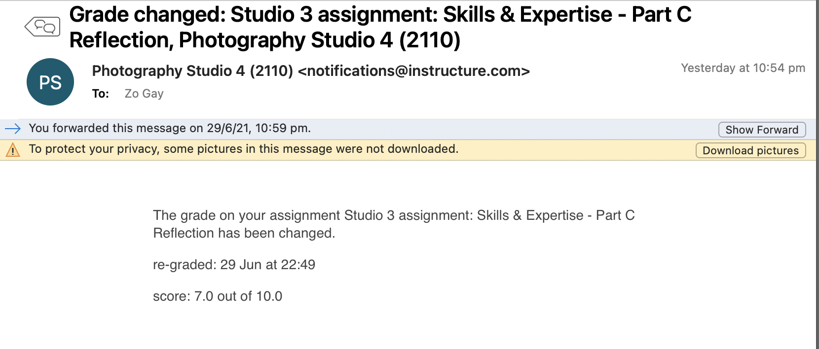 Notification of adjusted grade. Note no comment, feedback or rubric provided.