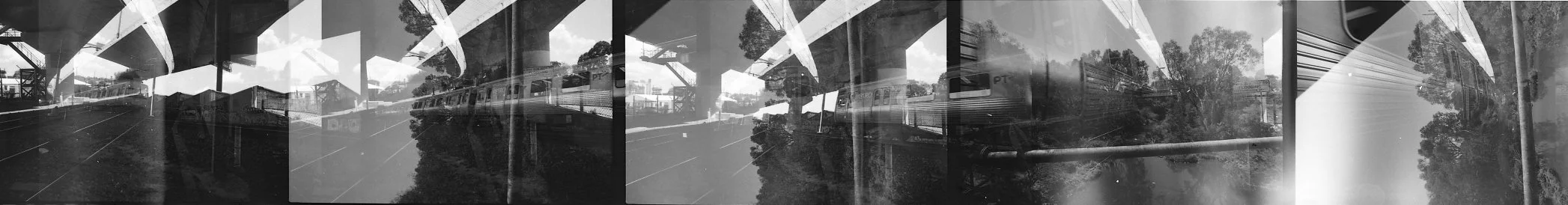 Damage, Zo. 2025. Scan 0061. In-camera multi-exposed 35mm negative, North Melbourne (Maribyrnong River Trail). Created using a Canon AE1 manual 35mm film camera (circa 1972). The work comprises a single montage spanning five sequential frames from a 