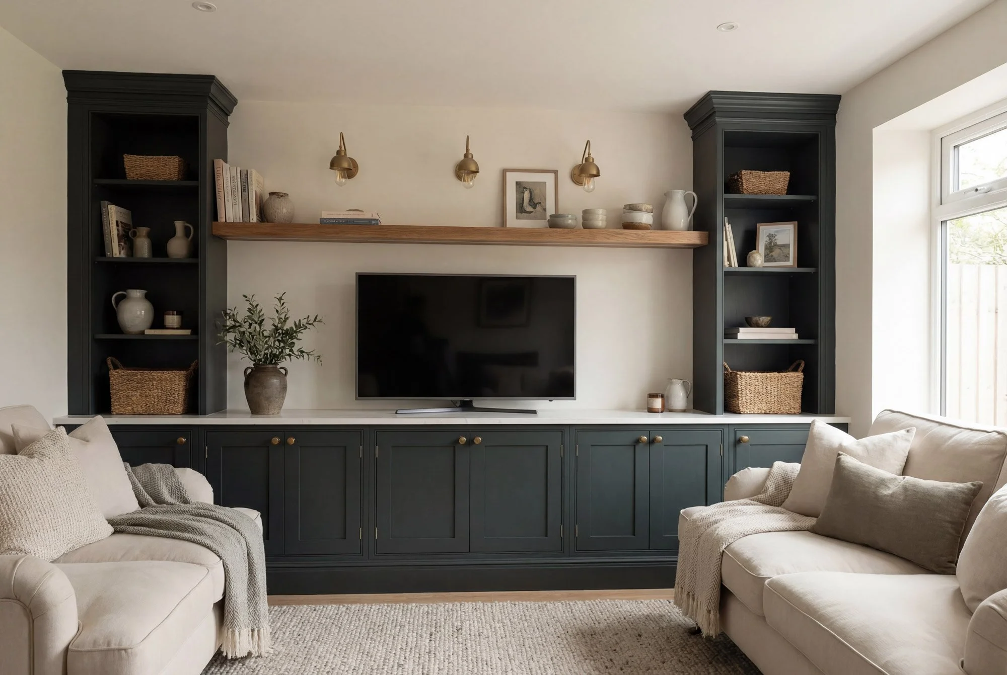 Living room with dark built-in shelves, a large TV, two beige couches with pillows, a potted plant, and natural light from a window.