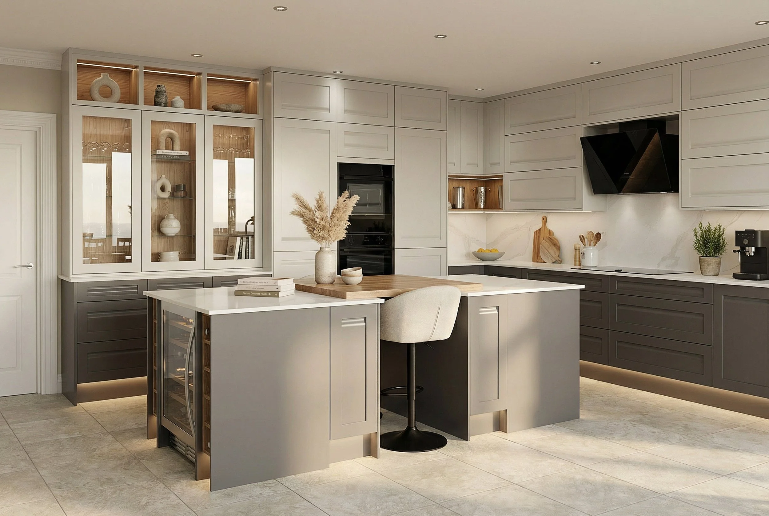 Modern kitchen with gray cabinetry, white countertops, and open shelving; centerpiece island with barstool, decorated with vases and pampas grass.