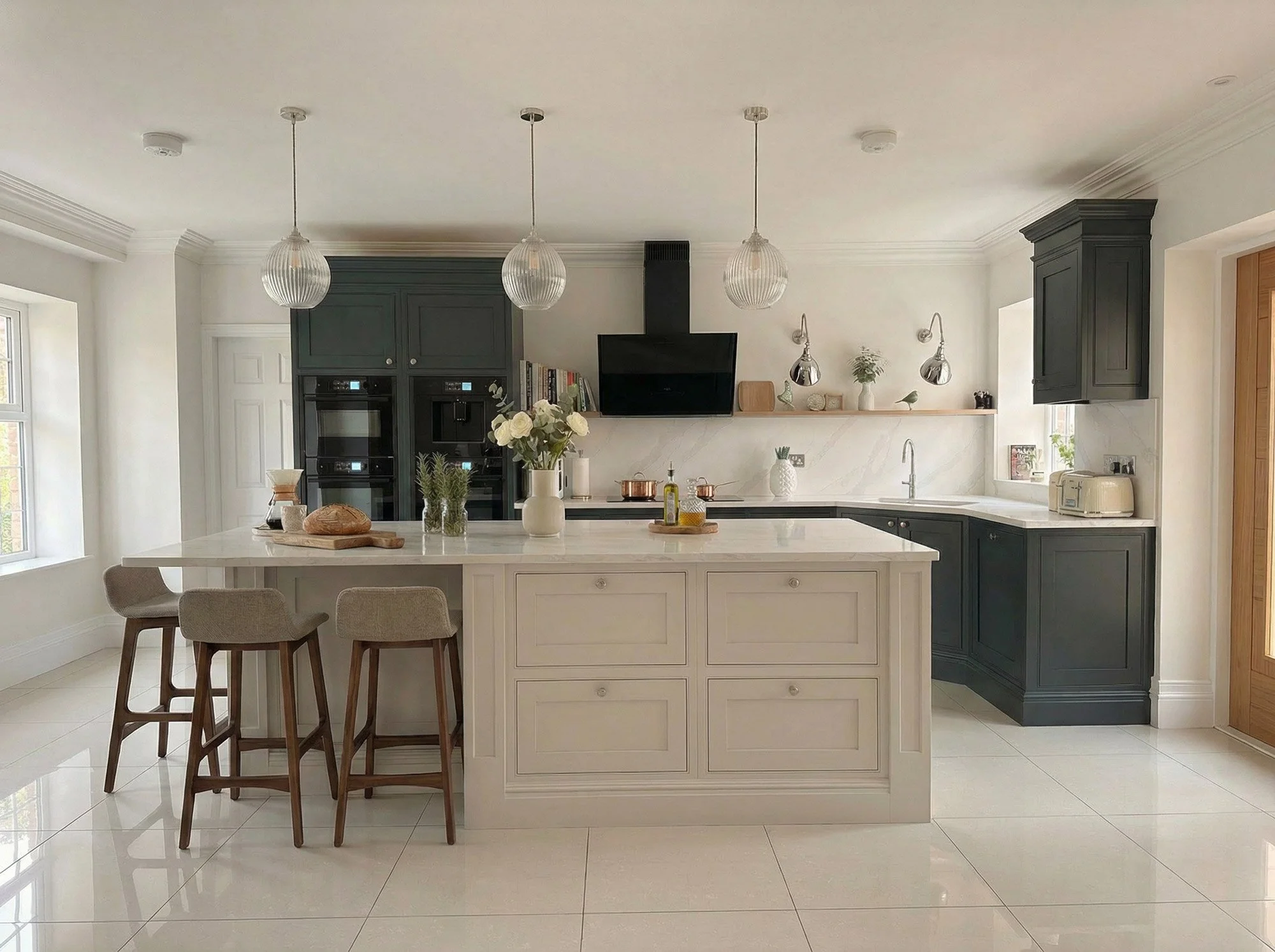 Modern kitchen with dark green cabinets, white island, and beige tiled floor, featuring pendant lights, flower vase, and kitchen appliances.