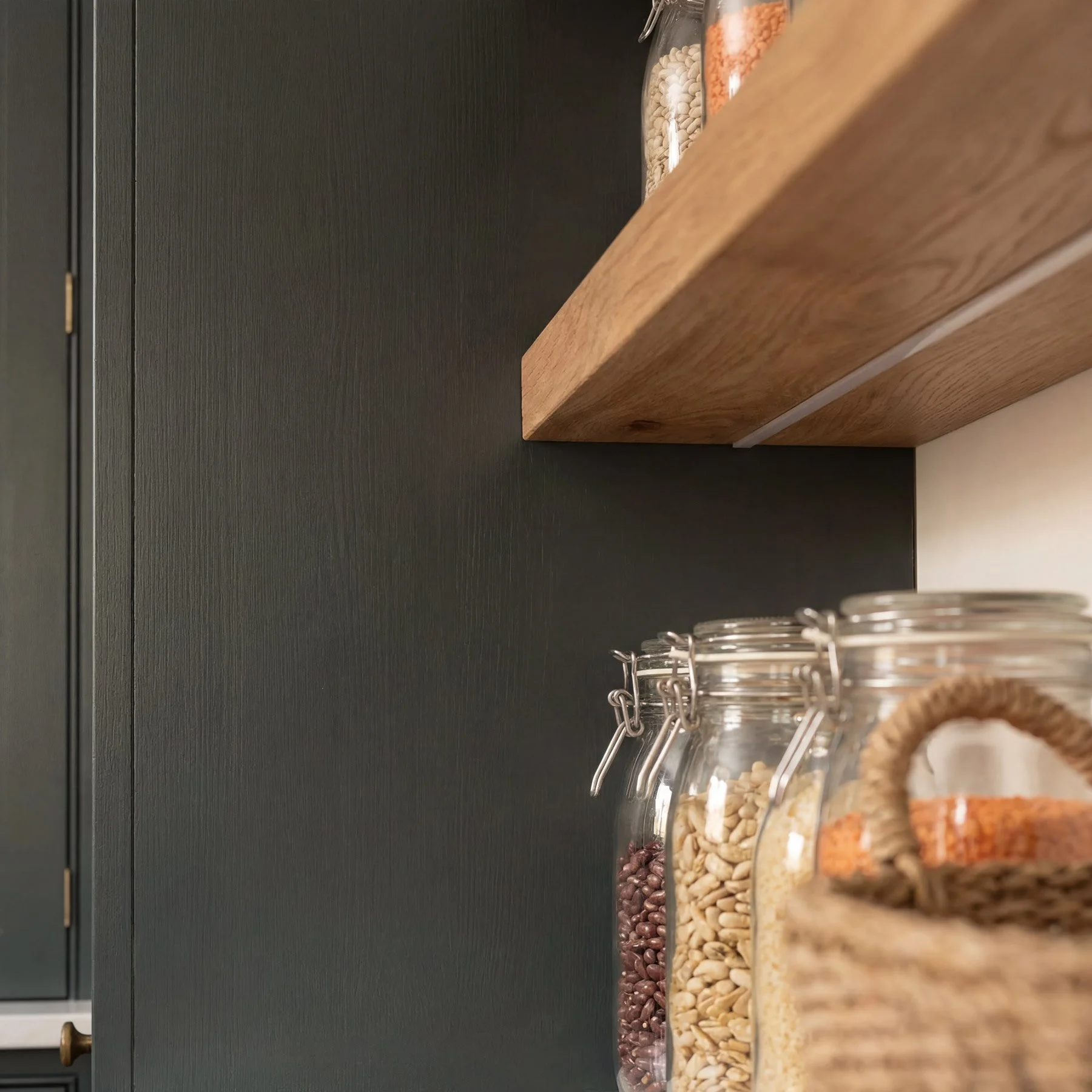 Kitchen pantry with black cabinet wall and wooden shelf holding glass jars filled with grains and legumes.