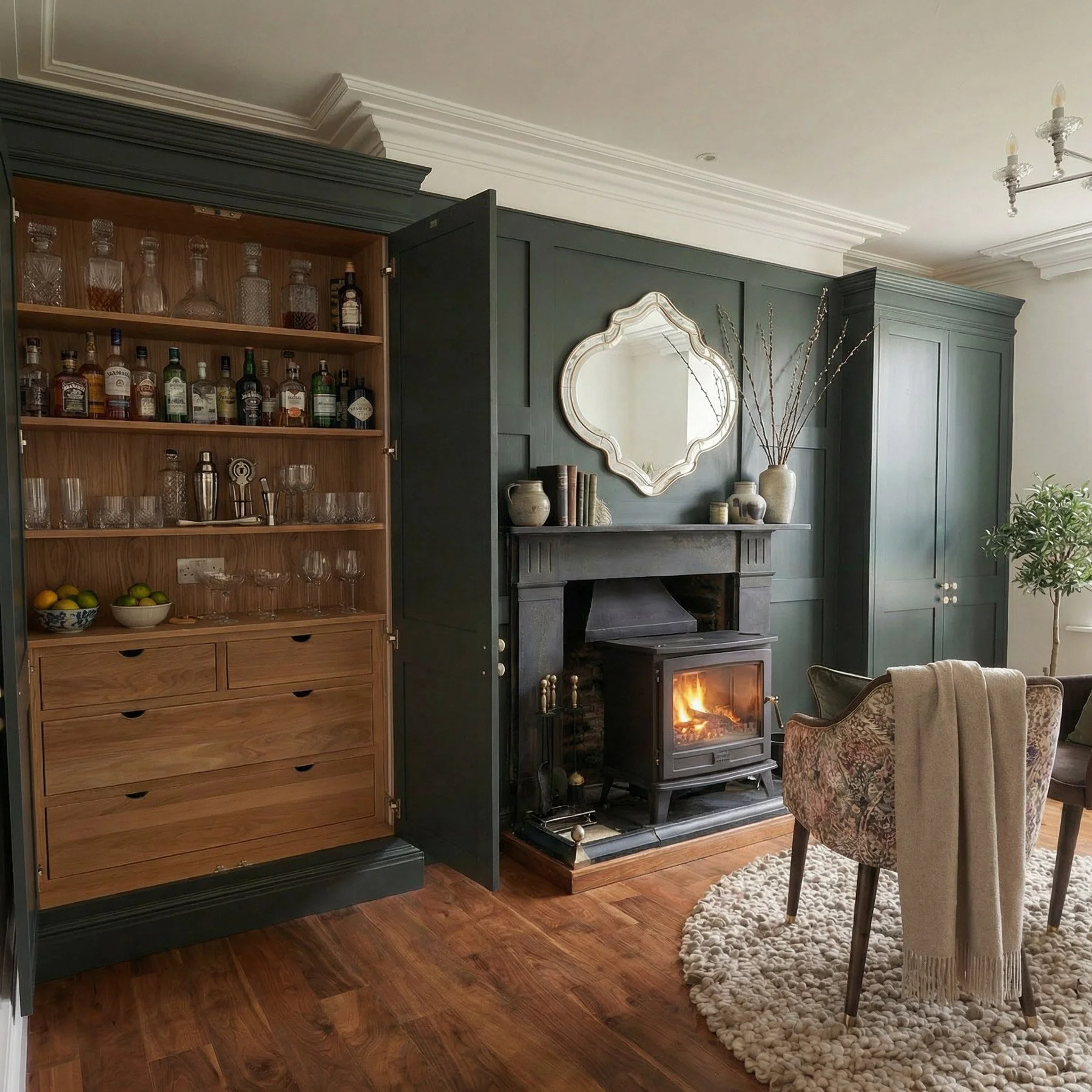 luxury-home-bar-cabinet-oak-interior-green-panelling-fireplace-log-burner-4.jpg