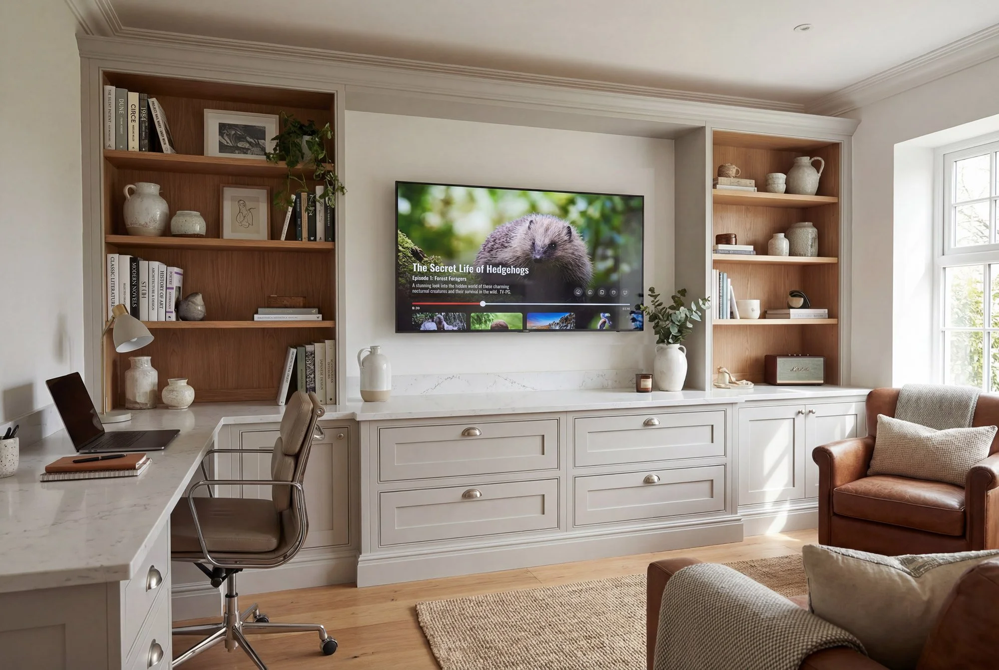 Living room with built-in white bookshelf, a wall-mounted TV showing a documentary about hedgehogs, a white marble counter, a brown leather armchair, a desk with a laptop and stationery, and a large window letting in natural light.