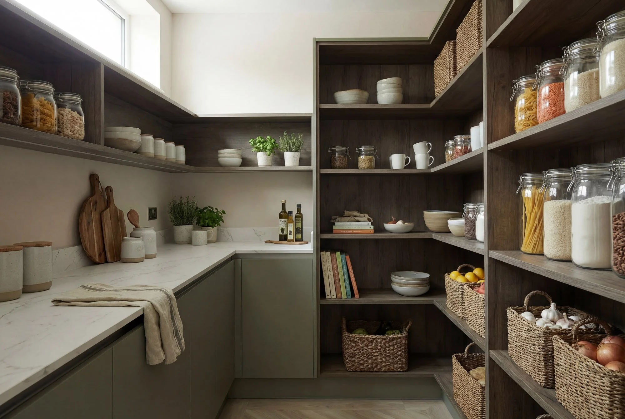 A well-organized pantry with dark wood shelving filled with jars, baskets, and bowls, alongside a marble countertop with potted herbs and cutting boards.