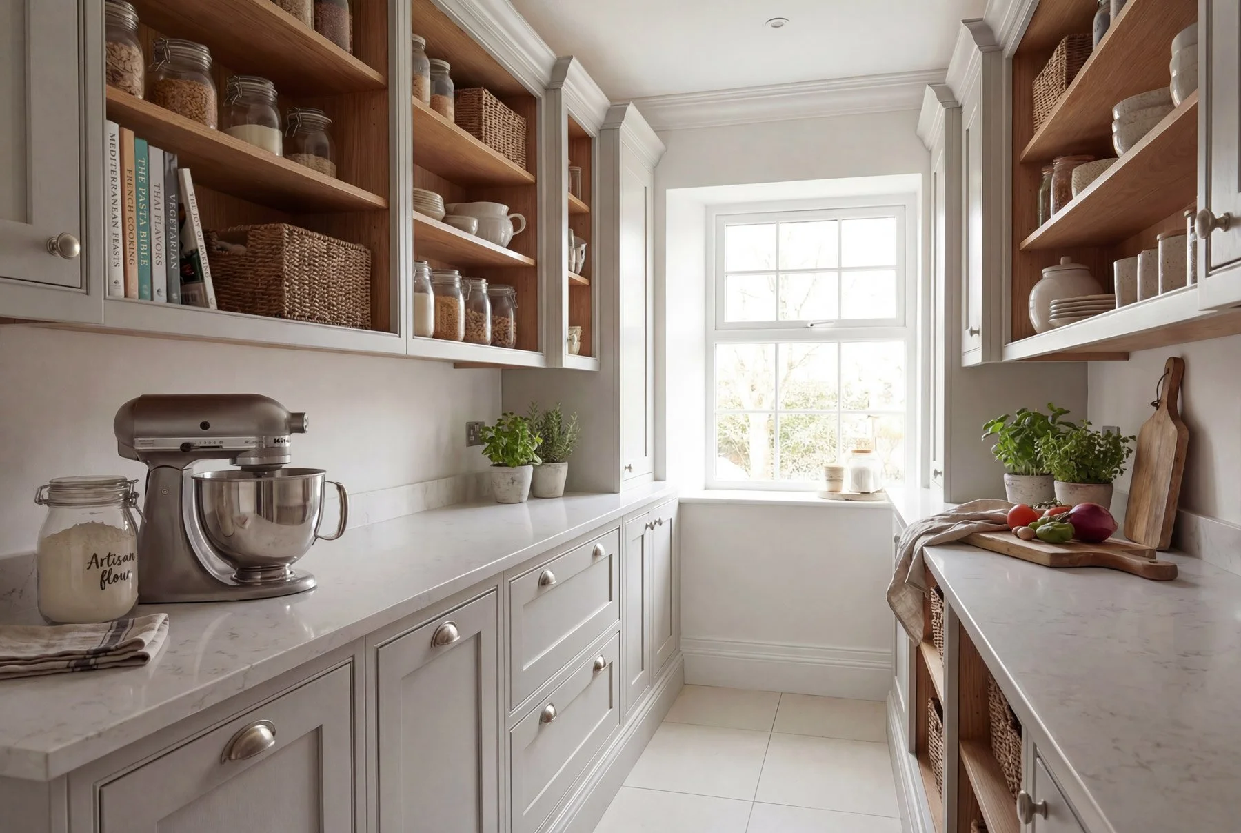 A bright, organized kitchen with white cabinets, open wooden shelves, fresh herbs, a stand mixer, and a window letting in natural light.