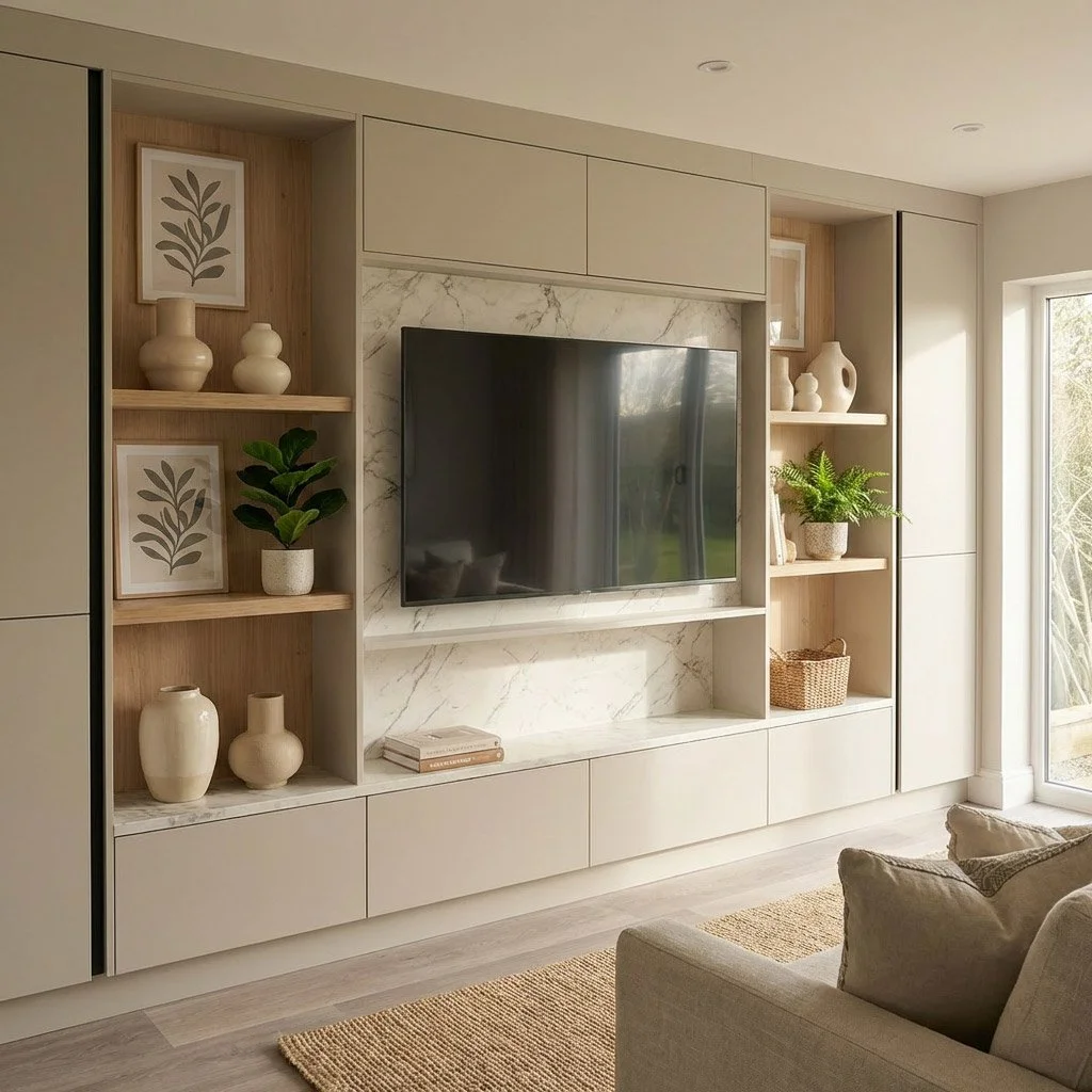 Modern living room with a built-in entertainment center featuring a flat-screen TV, decorative vases, framed artwork, and potted plants, illuminated by natural light from a glass door.