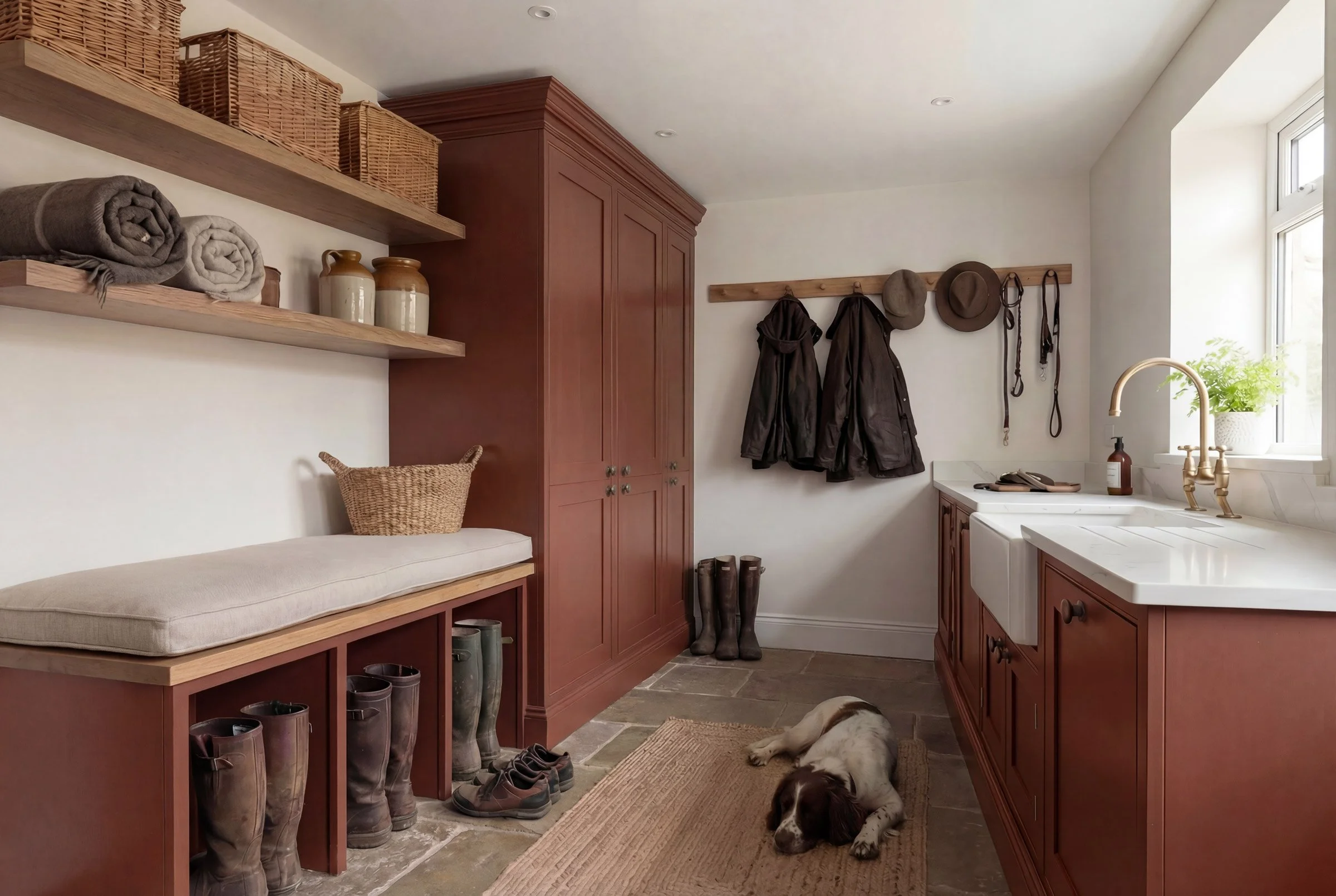 Mudroom with red cabinetry, open shelving with baskets and vases, coat hooks with jackets and hats, rubber boots, sneakers, a dog lying on a rug, white farmhouse sink, potted plant, and window.