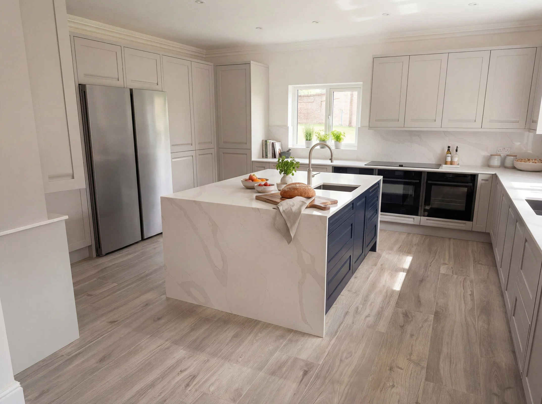Modern kitchen with white cabinets, a marble island with blue accents, stainless steel refrigerator, and built-in ovens, with a window above the sink and light wood flooring.