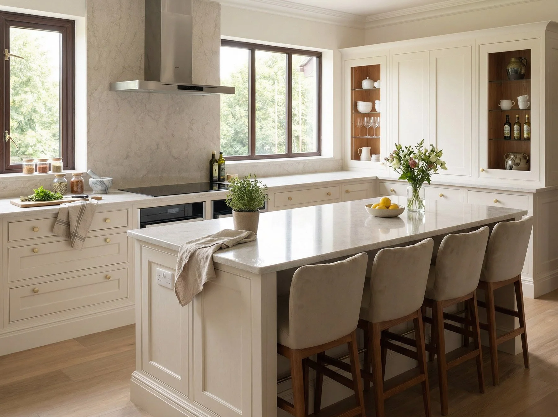 Bright kitchen with white cabinetry, a marble island, and wooden bar stools, decorated with a vase of flowers and lemons, featuring two large windows with green trees outside.