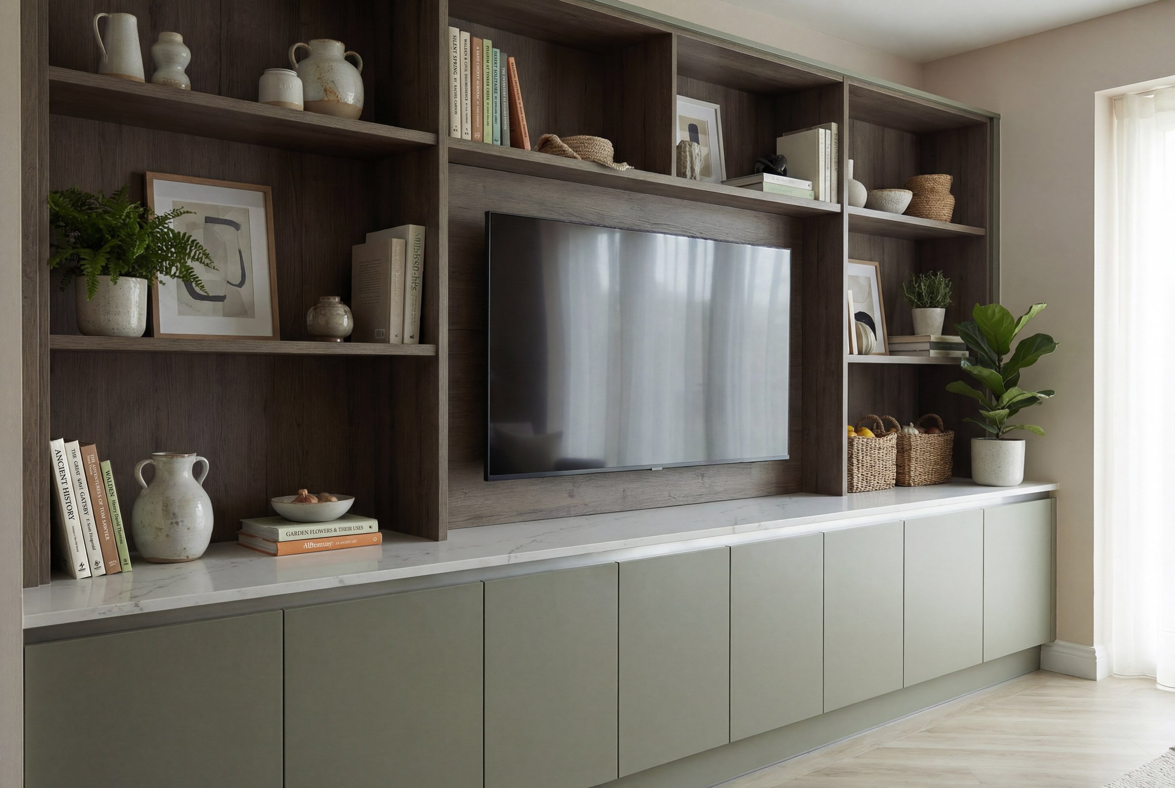 Living room entertainment unit with a flat-screen TV mounted on a wooden wall with built-in shelves, decorated with books, plants, pottery, and wicker baskets, with a light-colored cabinet underneath.