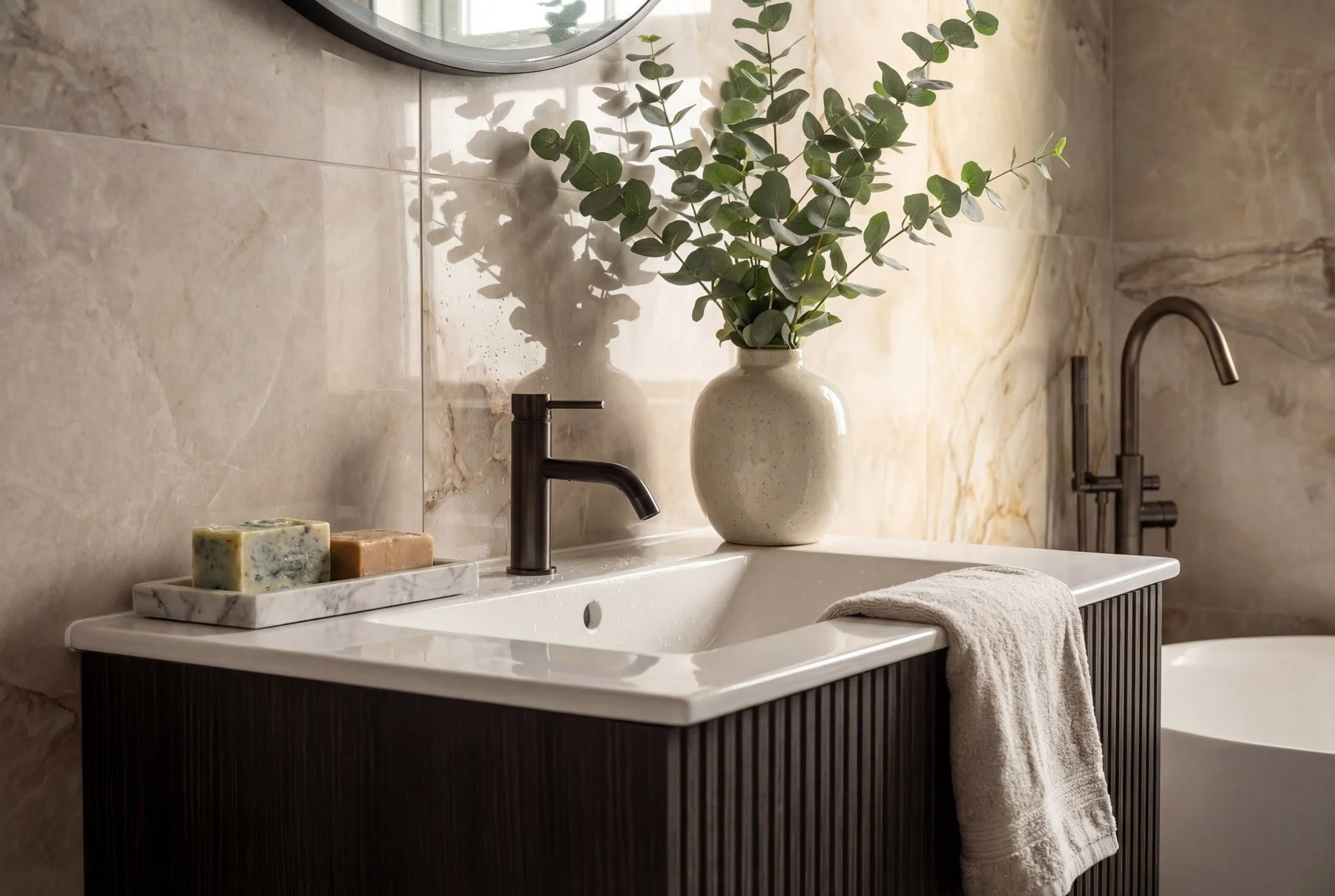 Bathroom sink with a white countertop, dark wood cabinetry, a tall faucet, a white vase with green eucalyptus leaves, a marble tray with two soap bars, a wall mirror, and a beige marble wall background.