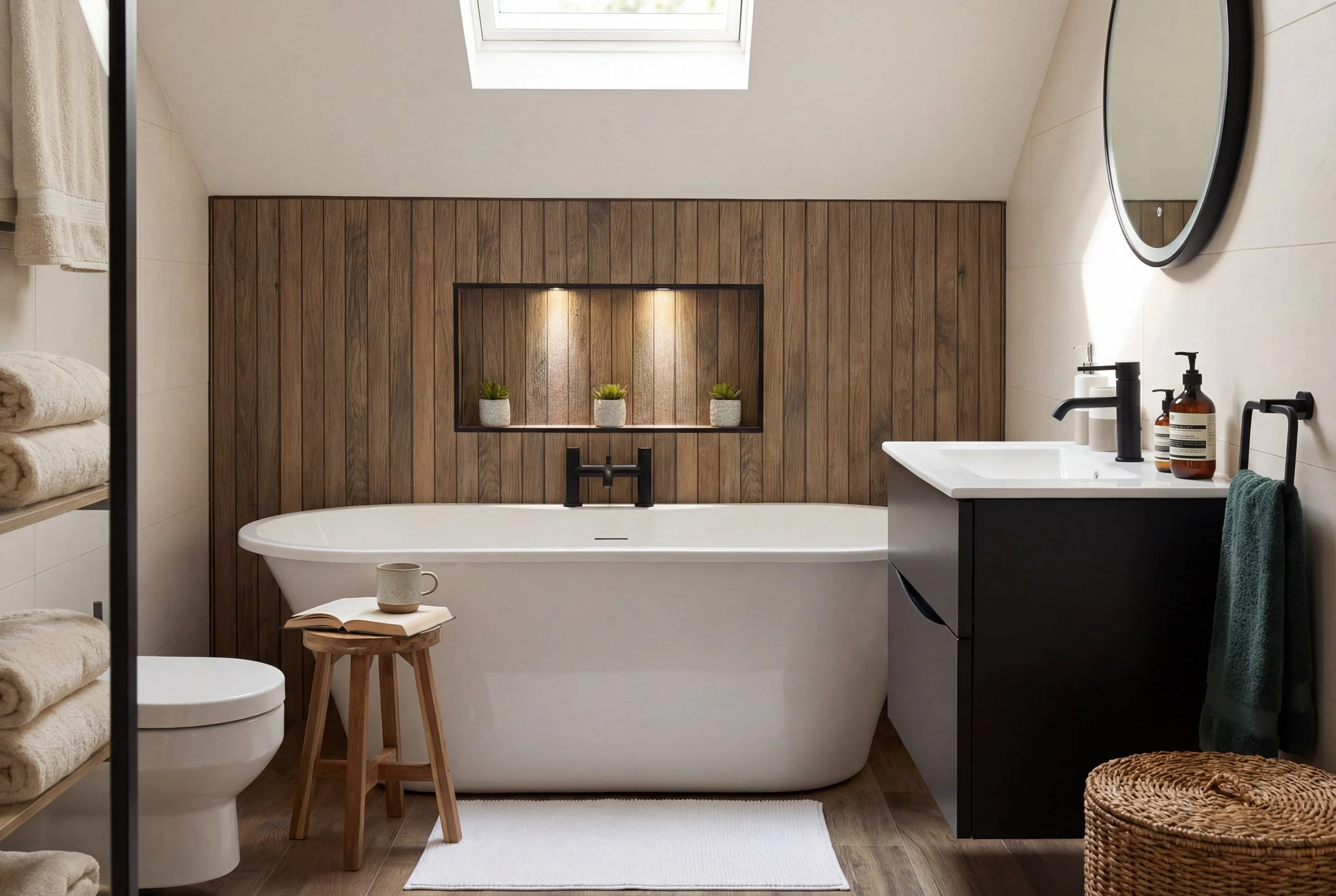 A modern bathroom with a white bathtub against a wood-paneled wall that has a recessed shelf with three small potted plants and a skylight above. To the right, there is a white vanity with a black faucet, pump bottles, and a round mirror. On the left, shelves hold rolled towels, and a small stool with a cup and open book is placed beside the toilet. A woven basket is on the floor, and a white rug is in front of the tub.