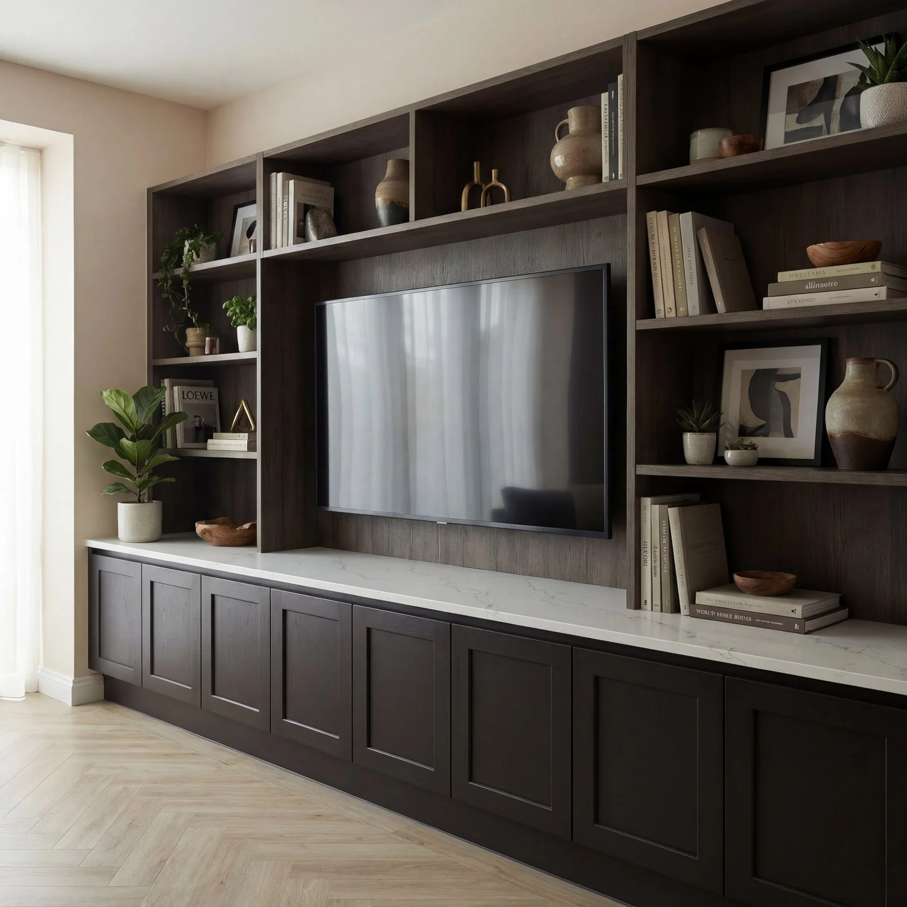 Living room entertainment center with dark wood cabinet and open shelves, a flat-screen TV, decorative plants, books, vases, and framed artwork.