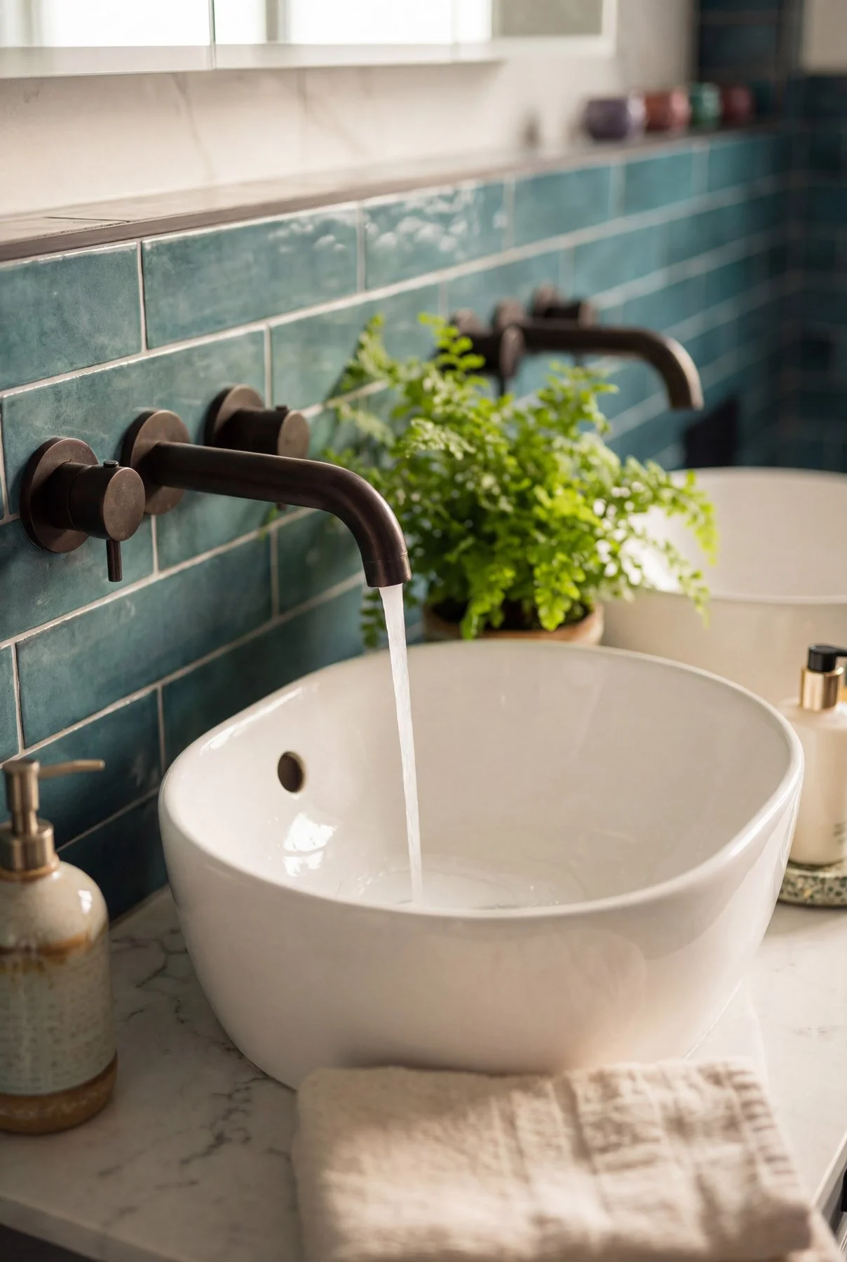A white ceramic sink with a black faucet, a green plant nearby, and soap dispensers on a bathroom countertop. Water is running from the faucet.